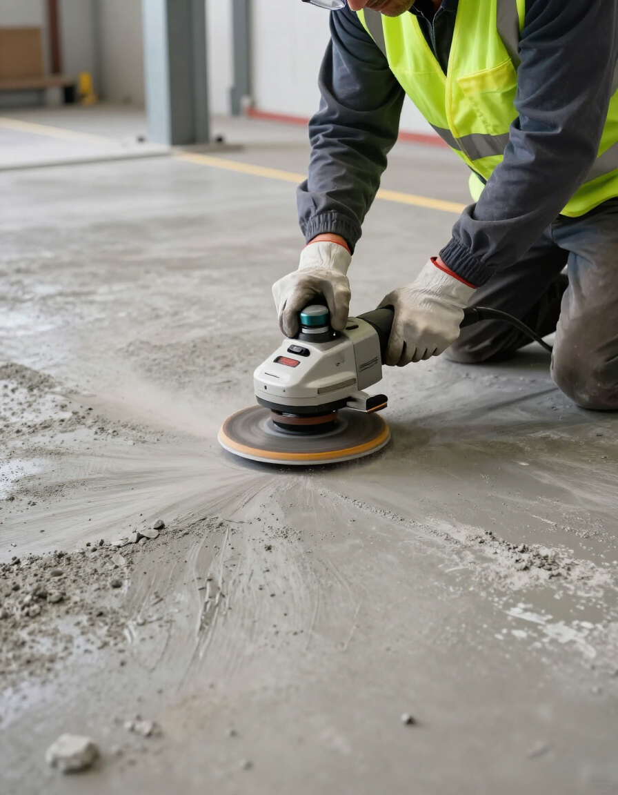 Technician preparing commercial concrete floor for epoxy application
