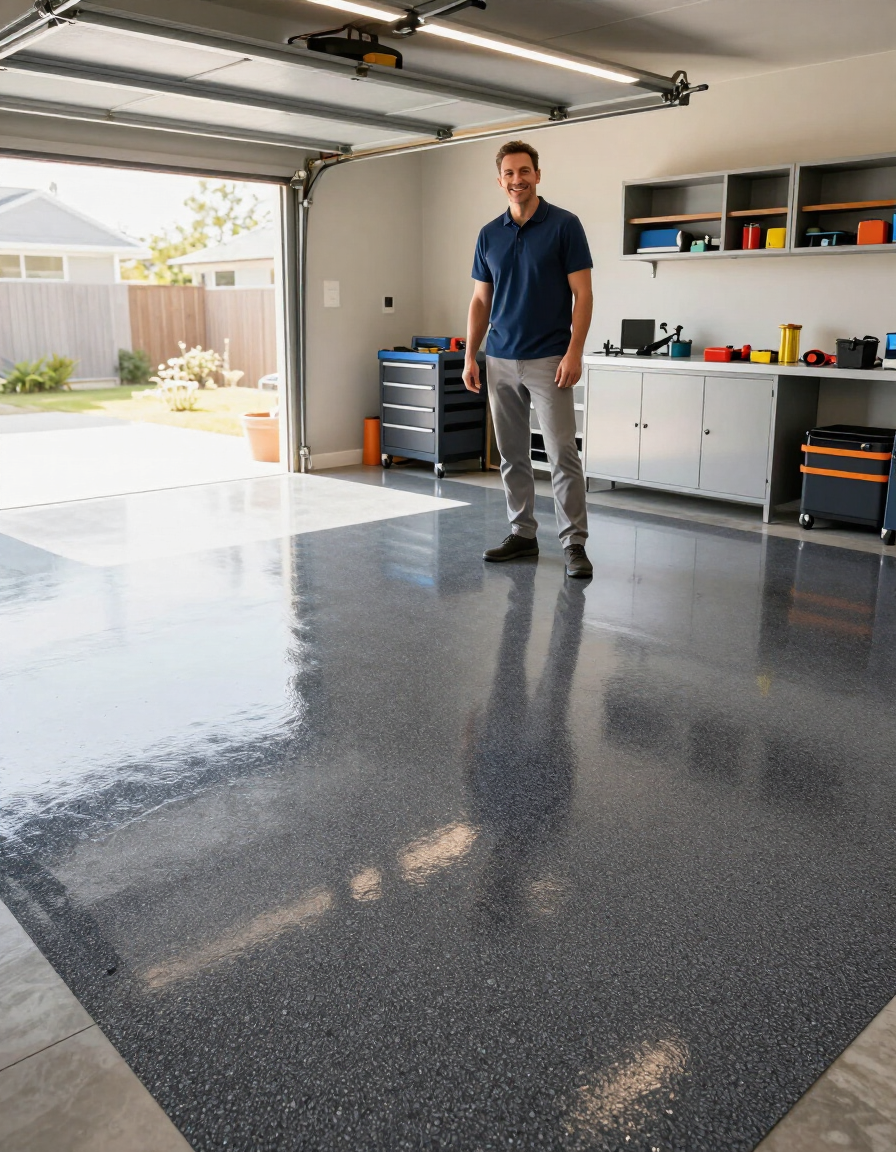 Homeowner in front of completed epoxy garage floor in Greater Austin
