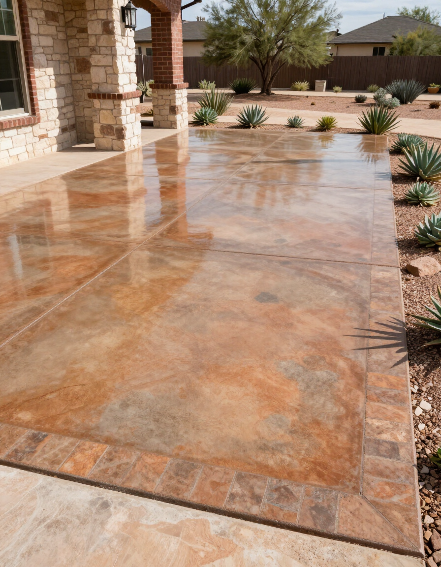 Completed outdoor patio epoxy coating with decorative finish