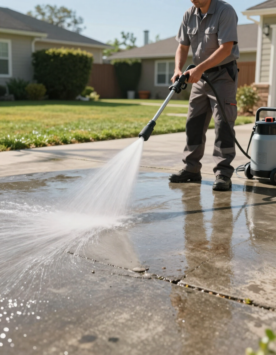 Technician power washing a concrete driveway in Greater Austin