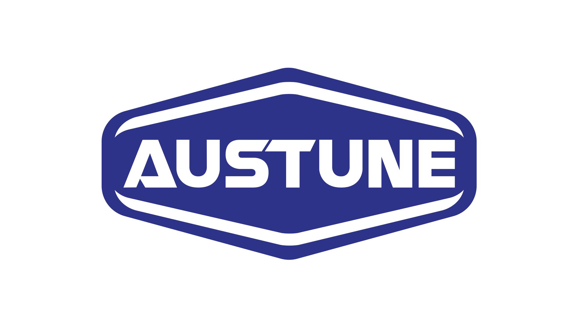 AUSTUNE logo in white on a blue hexagonal emblem with a white outline