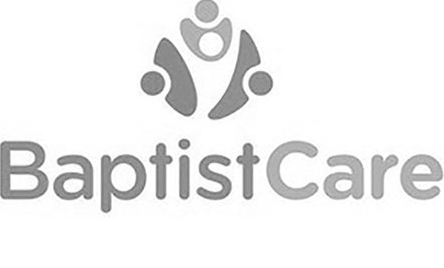 The baptist care logo is black and white and shows a group of people standing next to each other.