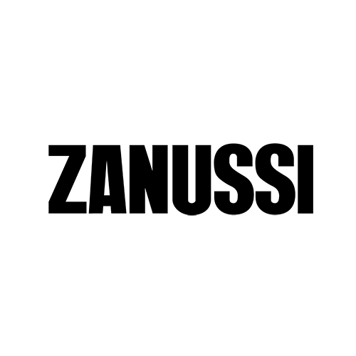 A black and white logo for zanussi on a white background.
