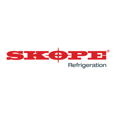 A red and white logo for skope refrigeration on a white background.