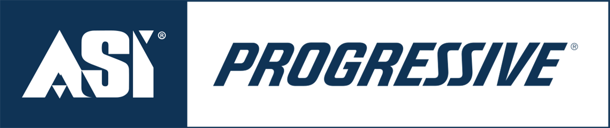 ASI and Progressive logos side-by-side, in white and blue, on a white background.