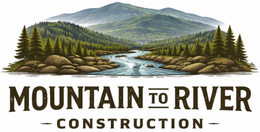 Mountain, river and pine forest logo with text “Mountain to River Construction”