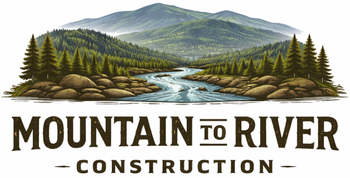 Mountain landscape logo for Mountain to River Construction with pine trees and bold brown text
