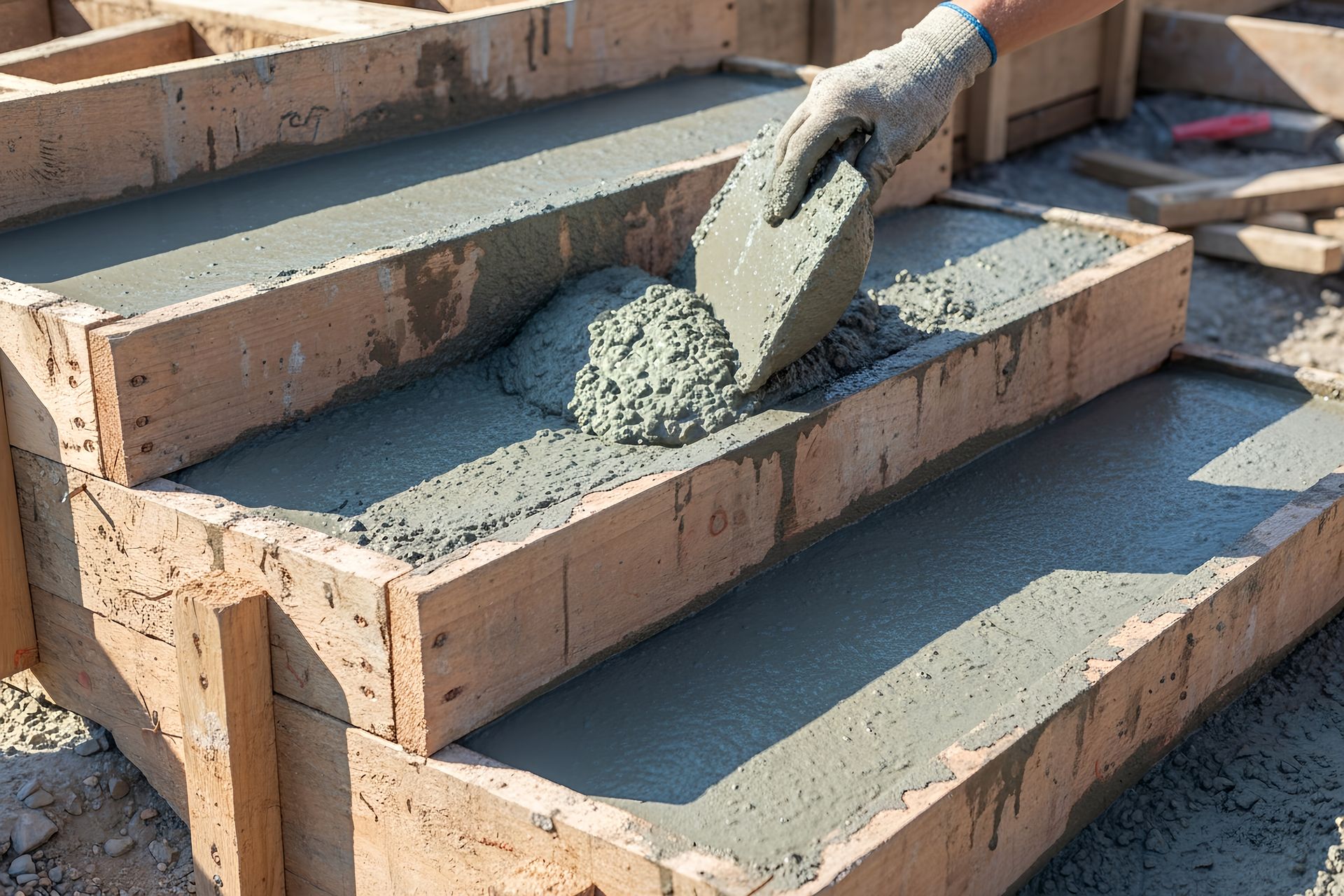 A trowel spreads wet concrete into brick mold forms on a construction site.
