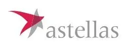Astellas logo with a red and gray abstract star icon and gray lowercase wordmark