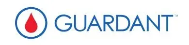 Guardant logo with blue text and a red droplet icon inside a blue circle