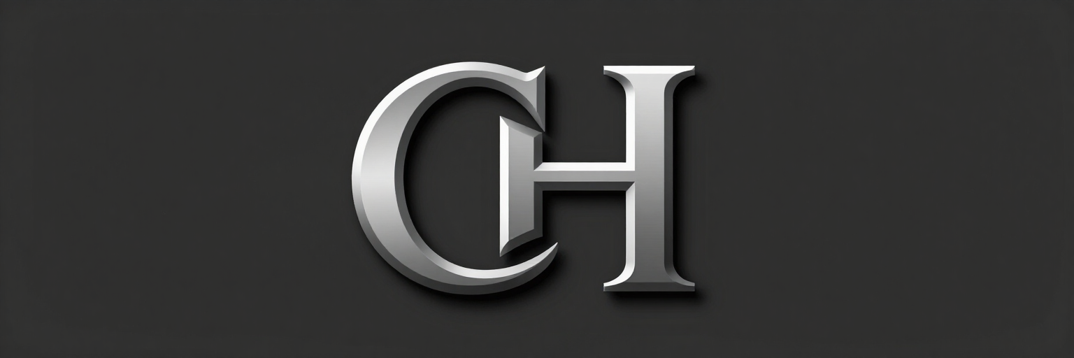 Letras “CH” metálicas plateadas sobre un fondo gris oscuro.