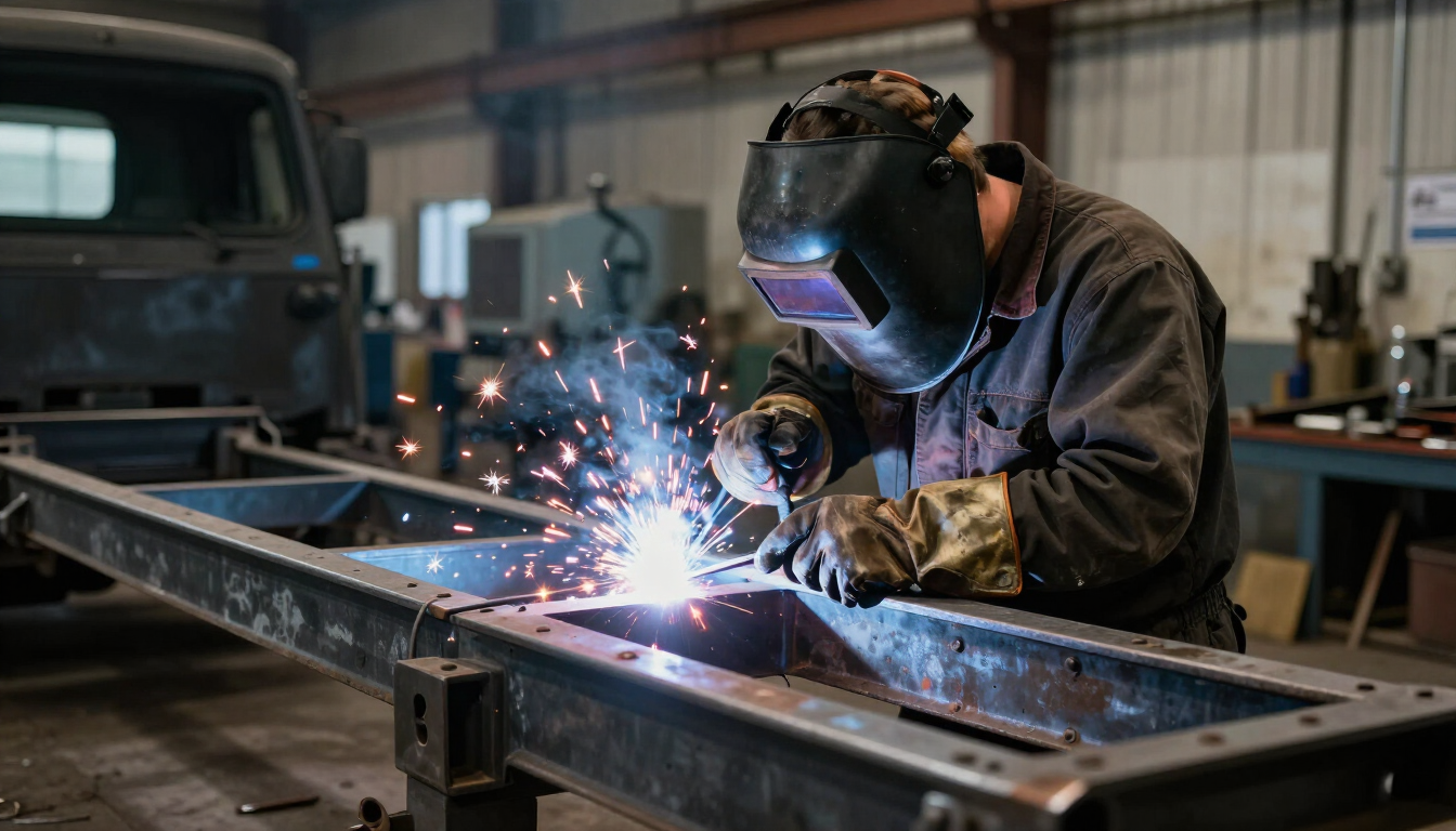 Un soldador con equipo de protección produce chispas en el metal sobre un banco de trabajo en un taller industrial.