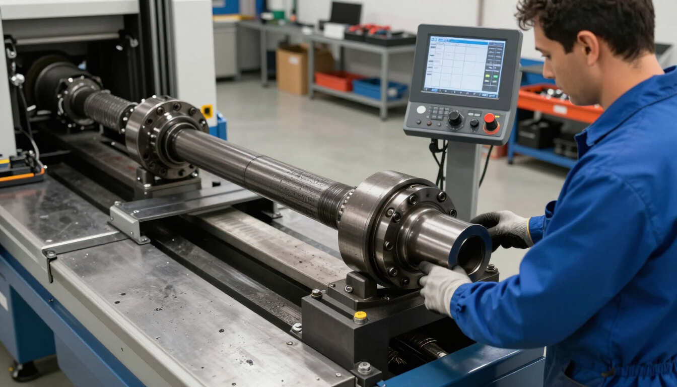 Técnico con ropa de trabajo azul inspeccionando un gran eje metálico en una máquina en un taller.