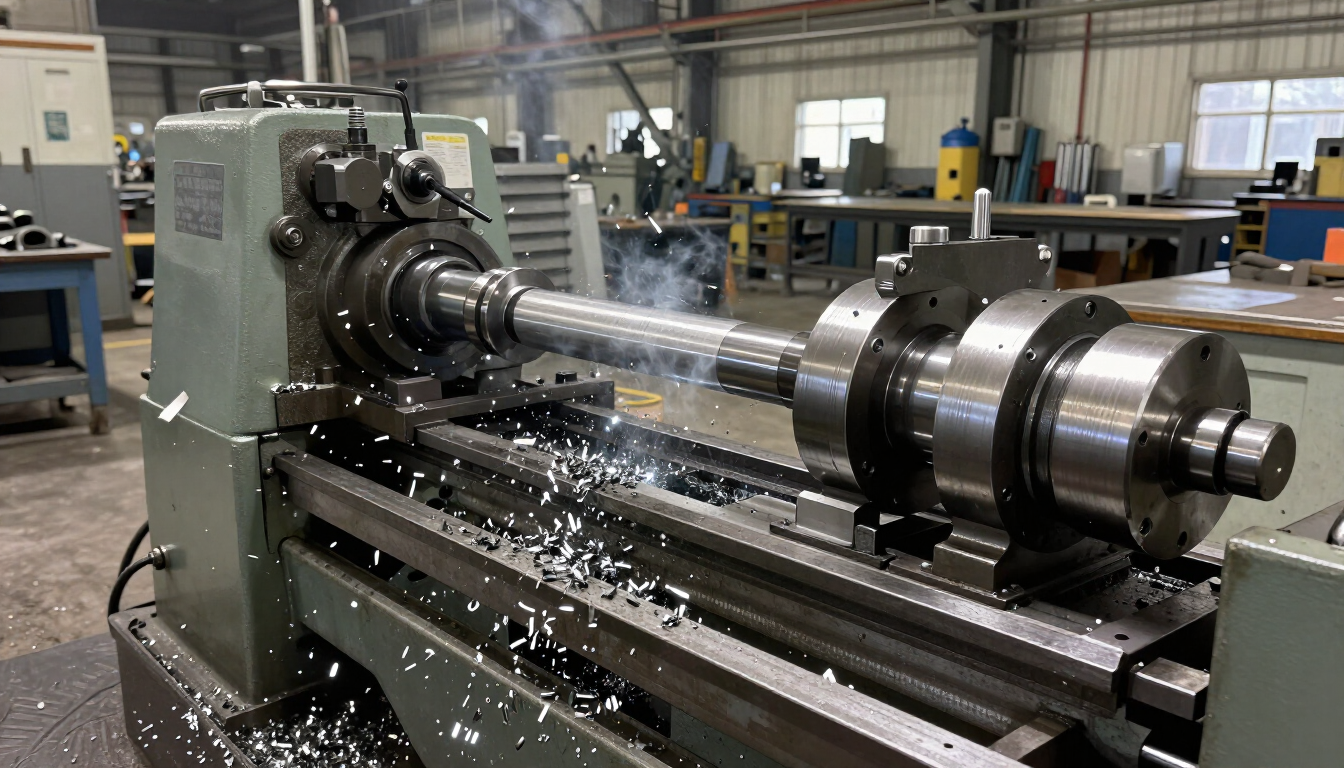 Un gran torno de metal mecaniza un largo eje de acero en un taller industrial, con virutas de metal a su alrededor.