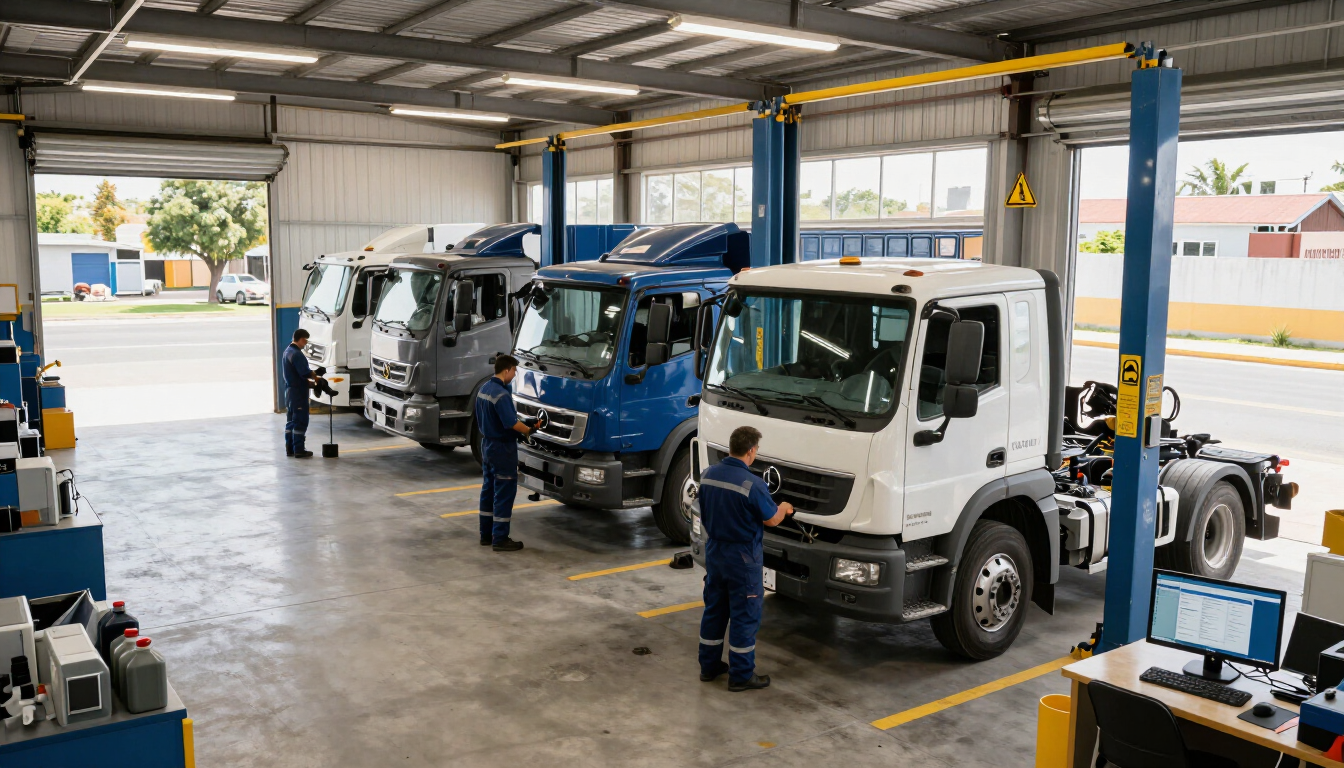 Taller mecánico con varios camiones estacionados en bahías de servicio y trabajadores inspeccionando un camión blanco.