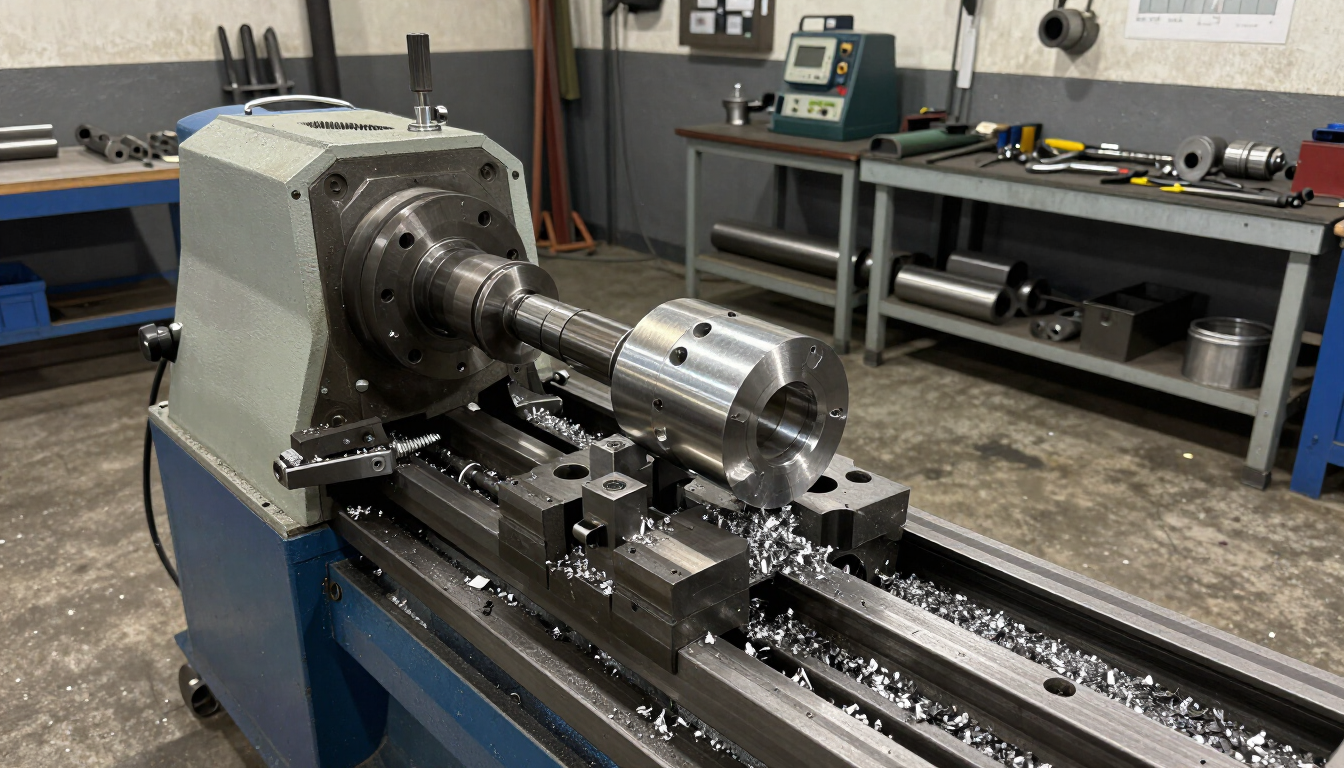 Torno en un taller mecanizando un cilindro de metal sobre un banco de trabajo.
