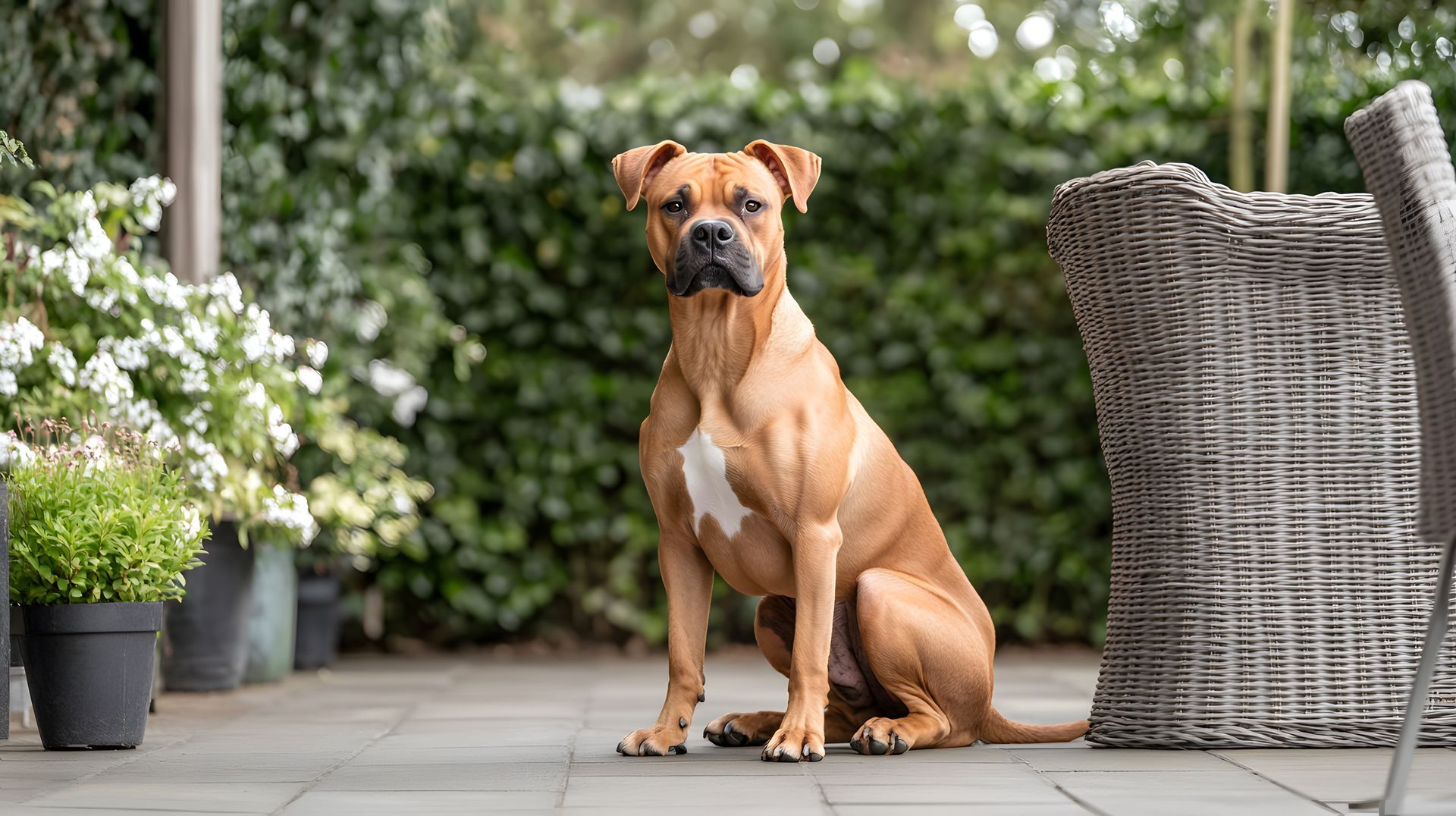 A brown dog is sitting on a patio next to a chair.