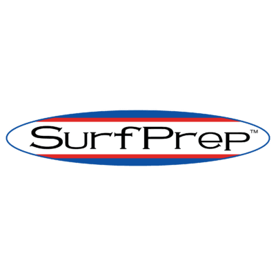SurfPrep logo in black text within a blue oval with red stripes above and below