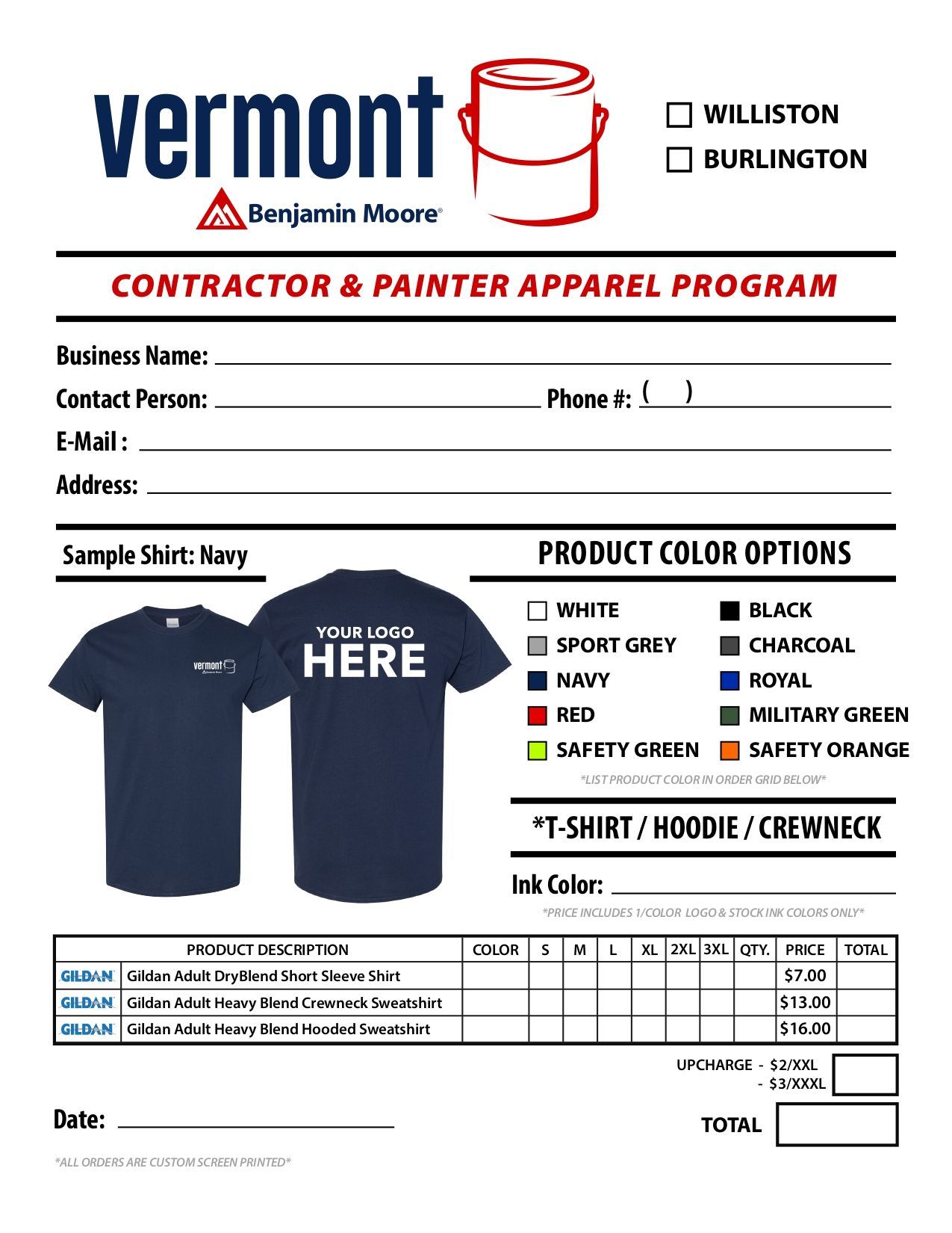 Vermont contractor and painter program order form with navy shirt mockups and color options