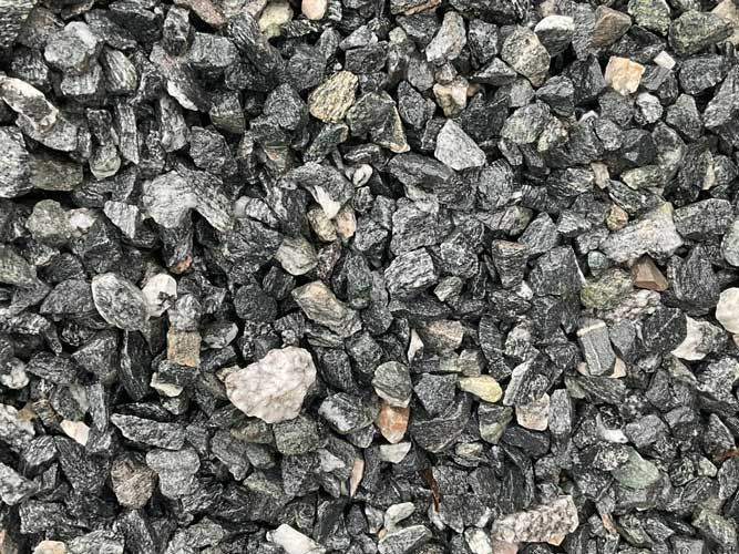 Close-up of gray and black crushed gravel with a few light-colored stones