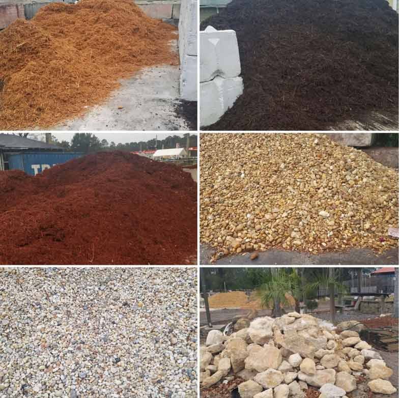 Six piles of different landscaping gravel and stones in assorted colors and textures.