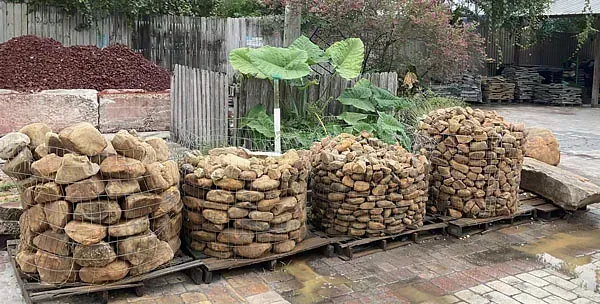 Stacked stone-filled wire garden planters beside a driveway with large green leaves growing from one planter