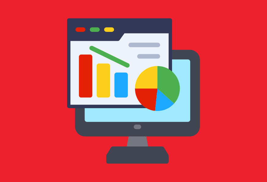 Computer monitor displaying colorful charts and graphs.