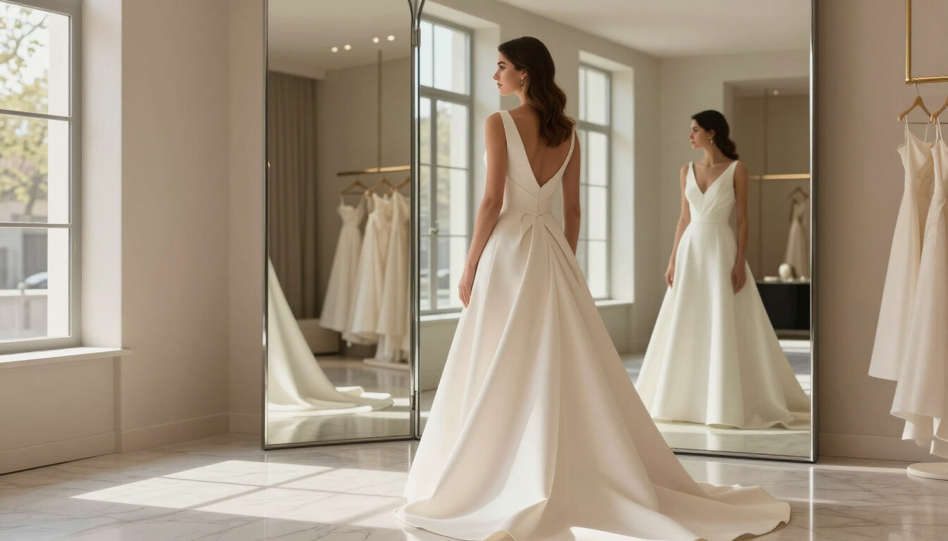 Photorealistic bride in a modern sculptural ivory wedding gown viewing her silhouette in a boutique mirror