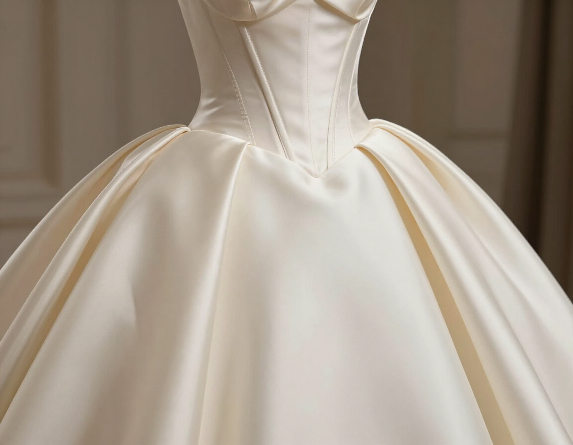 Photorealistic detail of a sculptural ivory bridal gown with corsetry and elegant draping