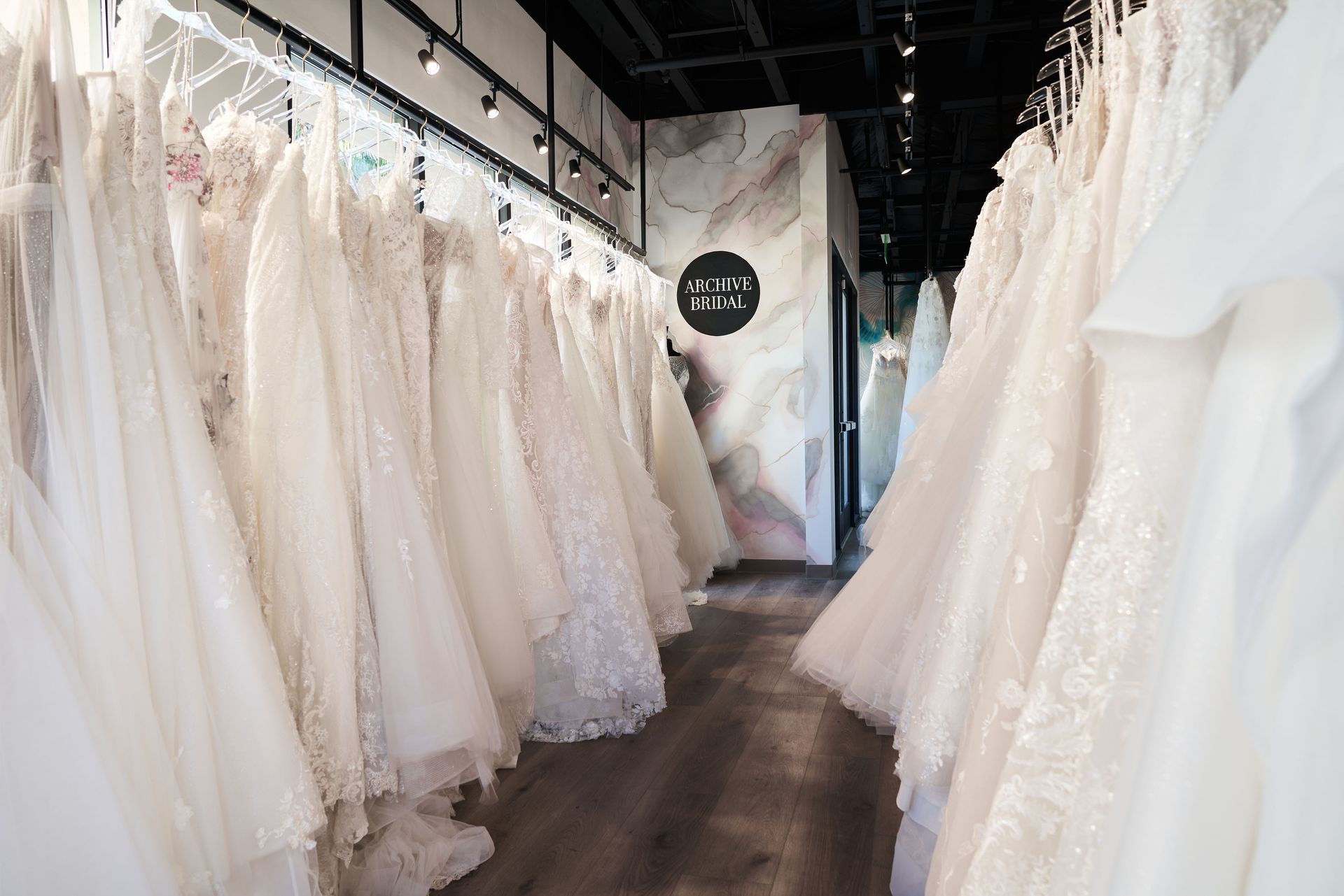 Intricate lace wedding dress detail in a luxury San Diego bridal studio