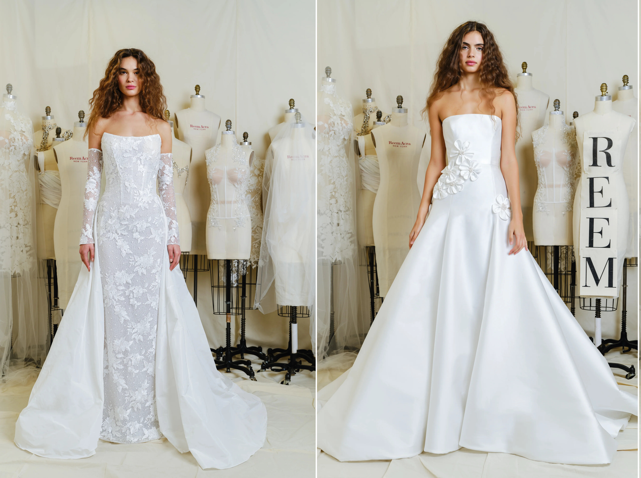 Photorealistic close-up of crystal and floral embroidery on an ivory couture wedding gown, soft boutique lighting, refined bridal fashion editorial, highly detailed