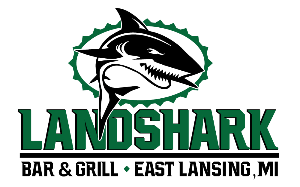 Landshark Bar & Grill logo with green shark and text, East Lansing, MI