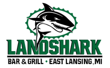 Landshark Bar & Grill logo with green shark and text, East Lansing, MI