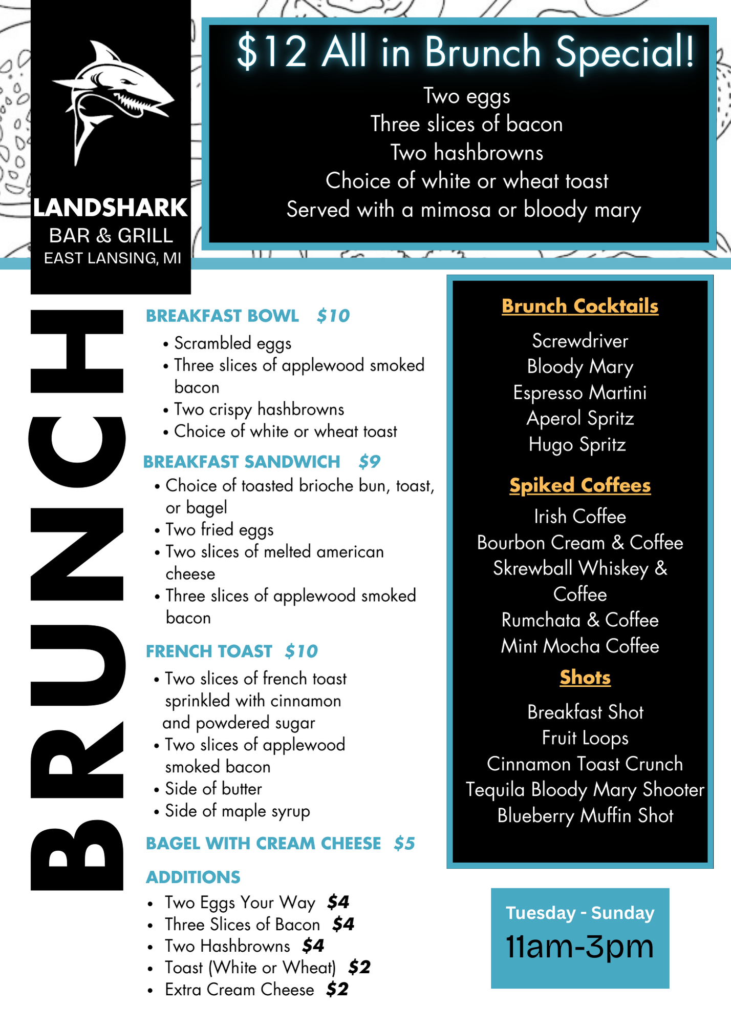 Blue-and-white LandShark Bar & Grill brunch menu with dishes, cocktails, and daily specials listed