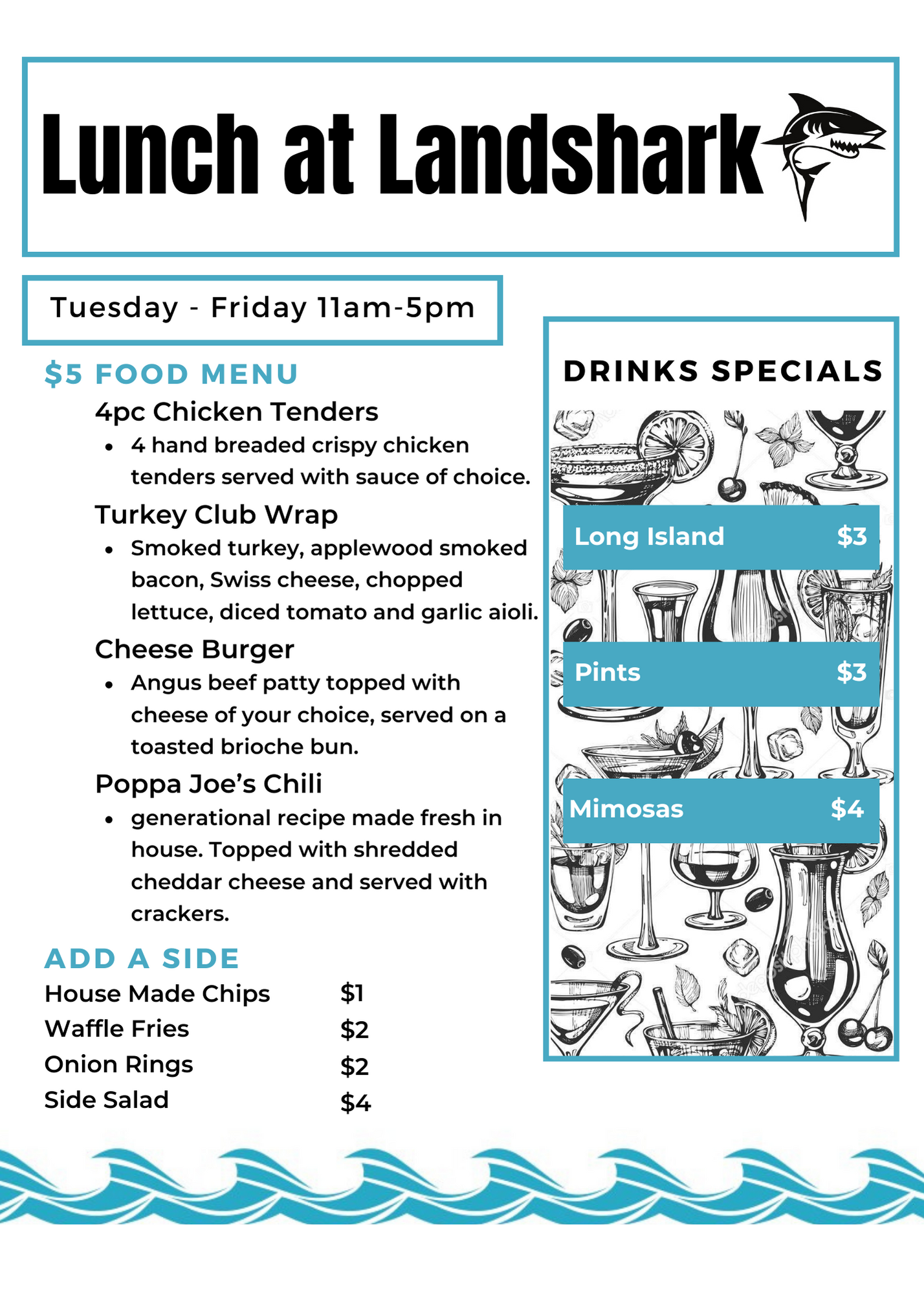 Lunch at Landshark blue-and-white menu with food items and drink specials listed.