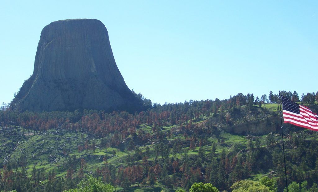 Devils tower in the distance with an american flag in the foreground