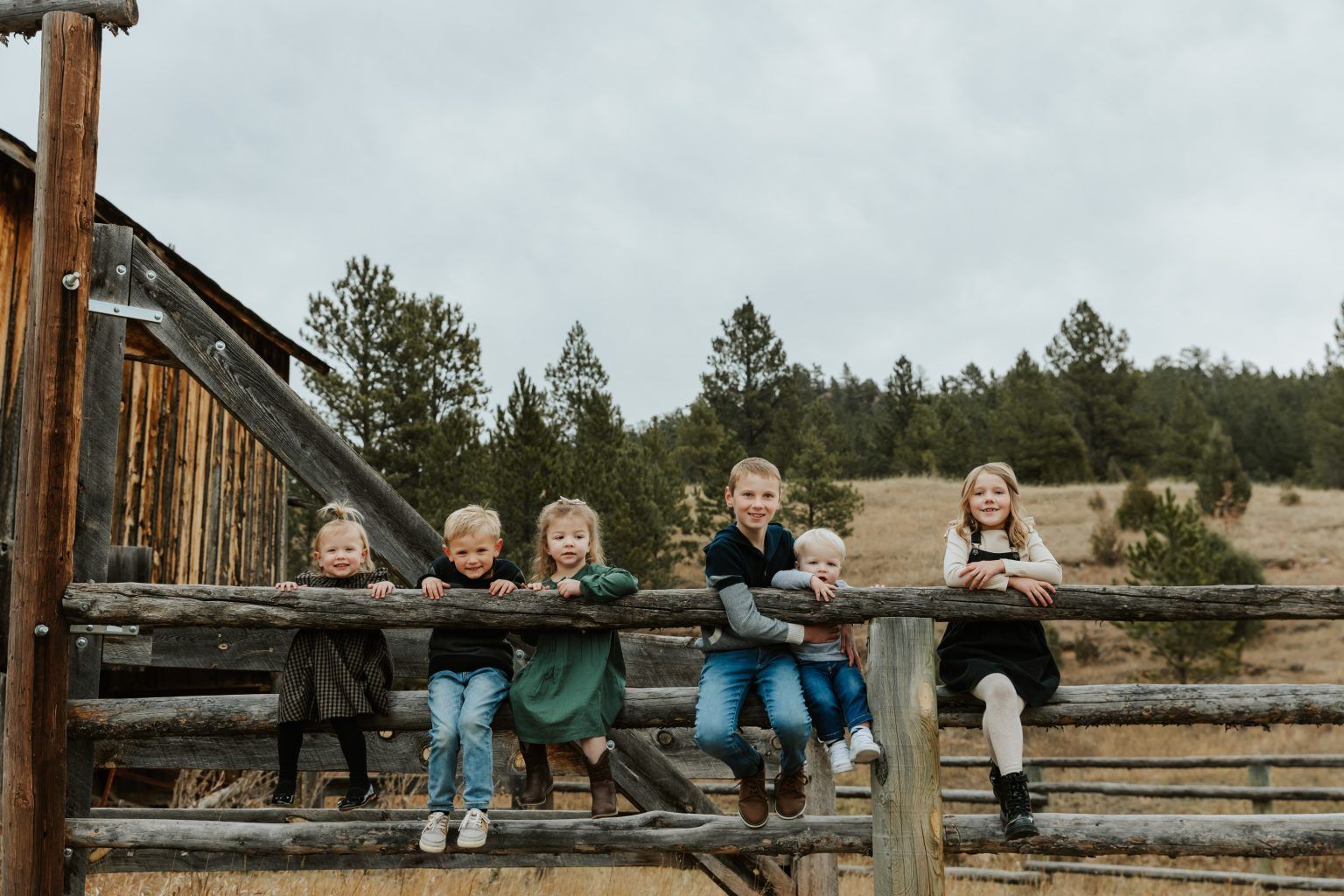 A group of children are sitting on a wooden fence.