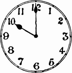 A black and white clock shows the time as 5:00