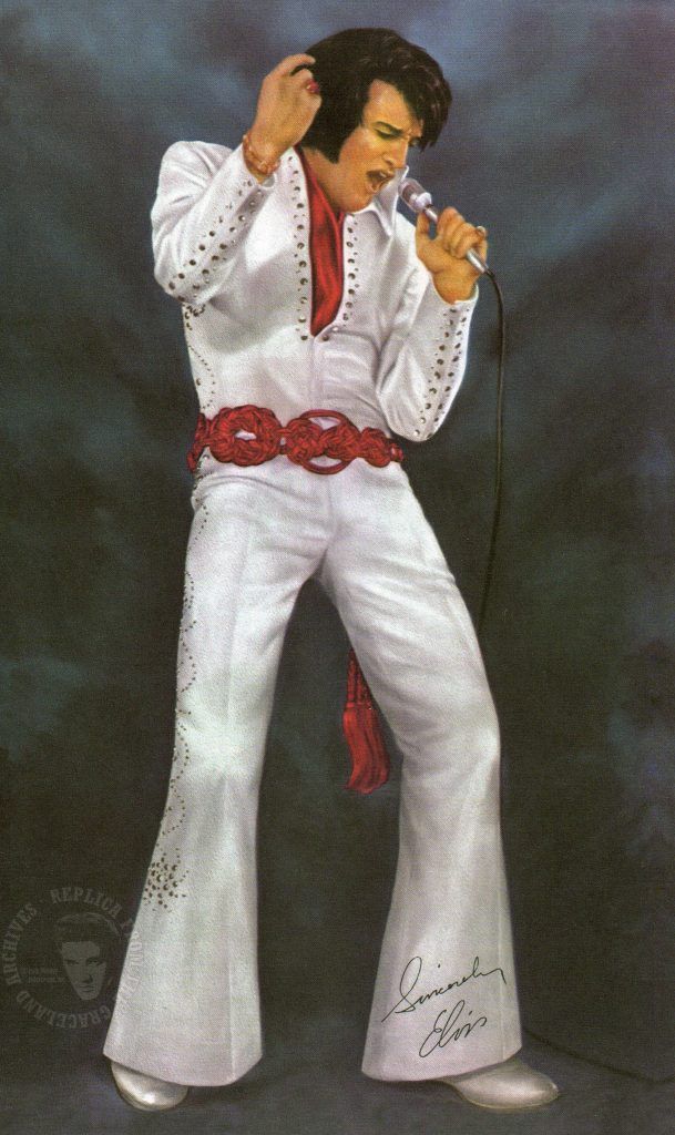 A painting of elvis presley singing into a microphone
