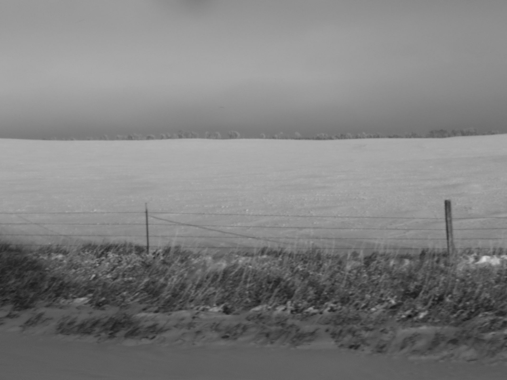 A black and white photo of a snowy field with a barbed wire fence in the foreground.