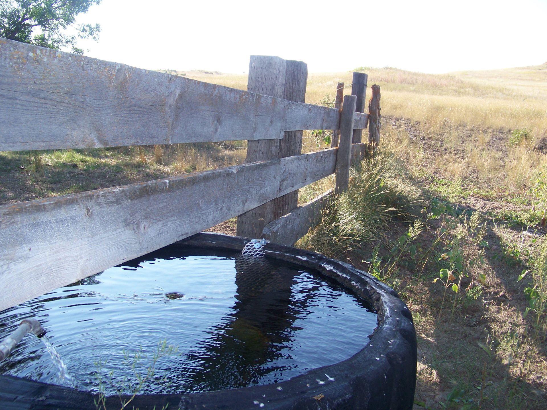 A wooden fence surrounds a large barrel of water