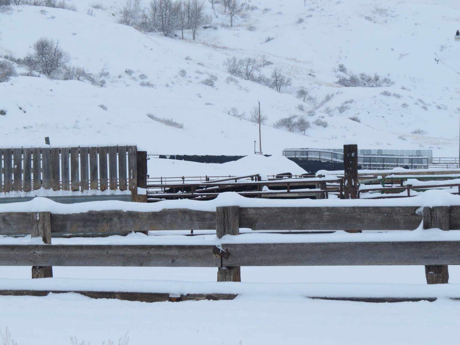 A wooden fence covered in snow with a snowy hill in the background