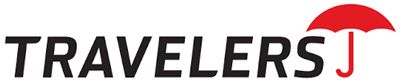 Travelers j logo with a red umbrella in the middle