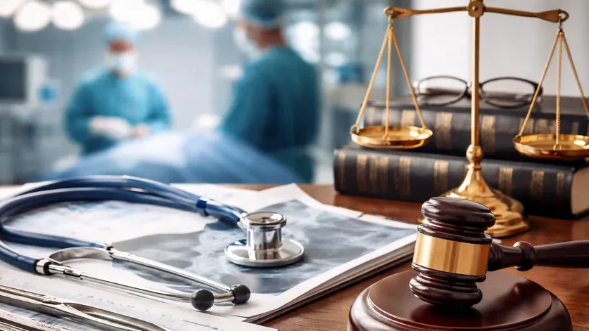 Stethoscope, gavel, and scales on a desk with blurred doctors in a medical law office