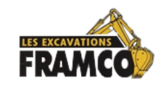 Logo de Framco Excavations : texte noir sur fond blanc avec un bras d’excavatrice jaune à droite.