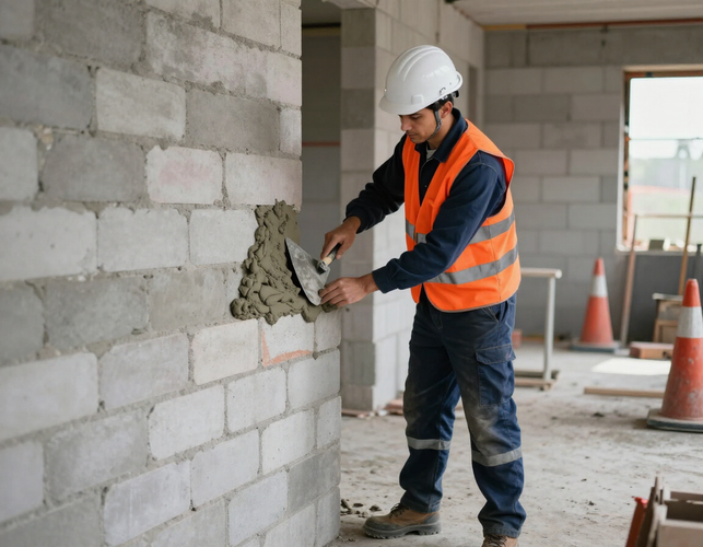 Operaio edile che applica malta a un muro di blocchi di cemento all'interno di un edificio in costruzione.
