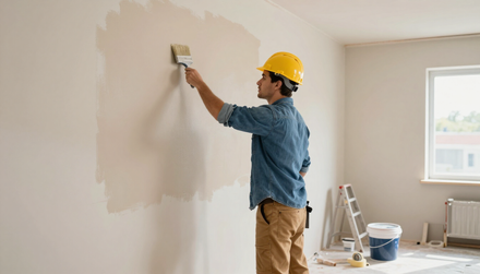 Un imbianchino con un elmetto giallo applica della vernice beige su una parete in una stanza luminosa, con una scala e un secchio nelle vicinanze.
