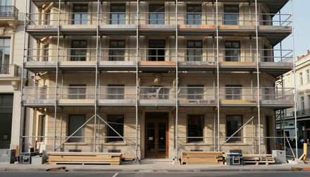 Edificio in costruzione con impalcature, balconi non rifiniti e materiali in legno sulla facciata.