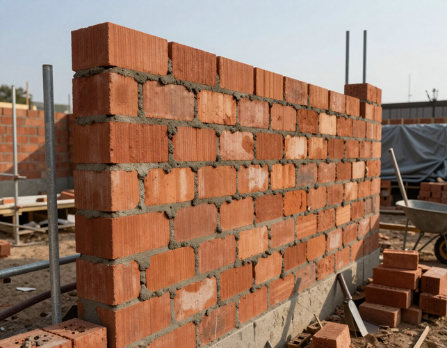 Muro di mattoni rossi parzialmente costruito in un cantiere edile, con barre di ferro metalliche visibili al di sopra.