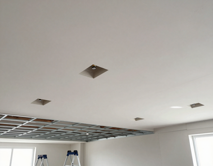 Soffitto della stanza parzialmente rifinito con nicchie per luci a incasso e installazione di una griglia per controsoffitto.